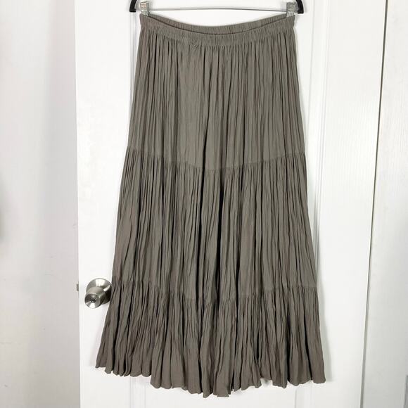 nwot DOUBLE D RANCH Skirt L Grey/Brown Pleated Crinkle A-Line Tiered Maxi Midi - Picture 4 of 9